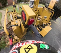 Triple T crew member feeding cut limbs butt-first into the brush chipper on a residential job in Pittsburgh, PA